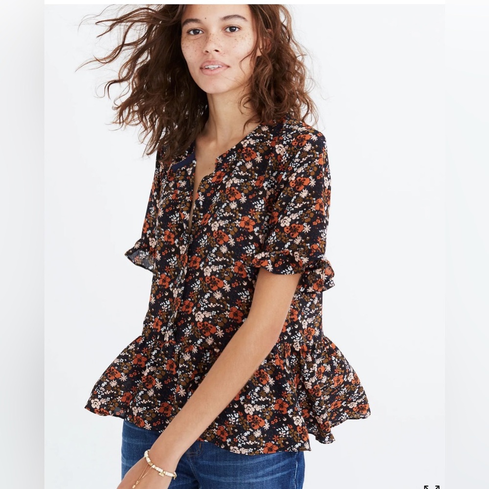 Madewell Silk Studio Ruffle-Hem Top in Prairie Blossoms Woodland Warm Nutmeg - S